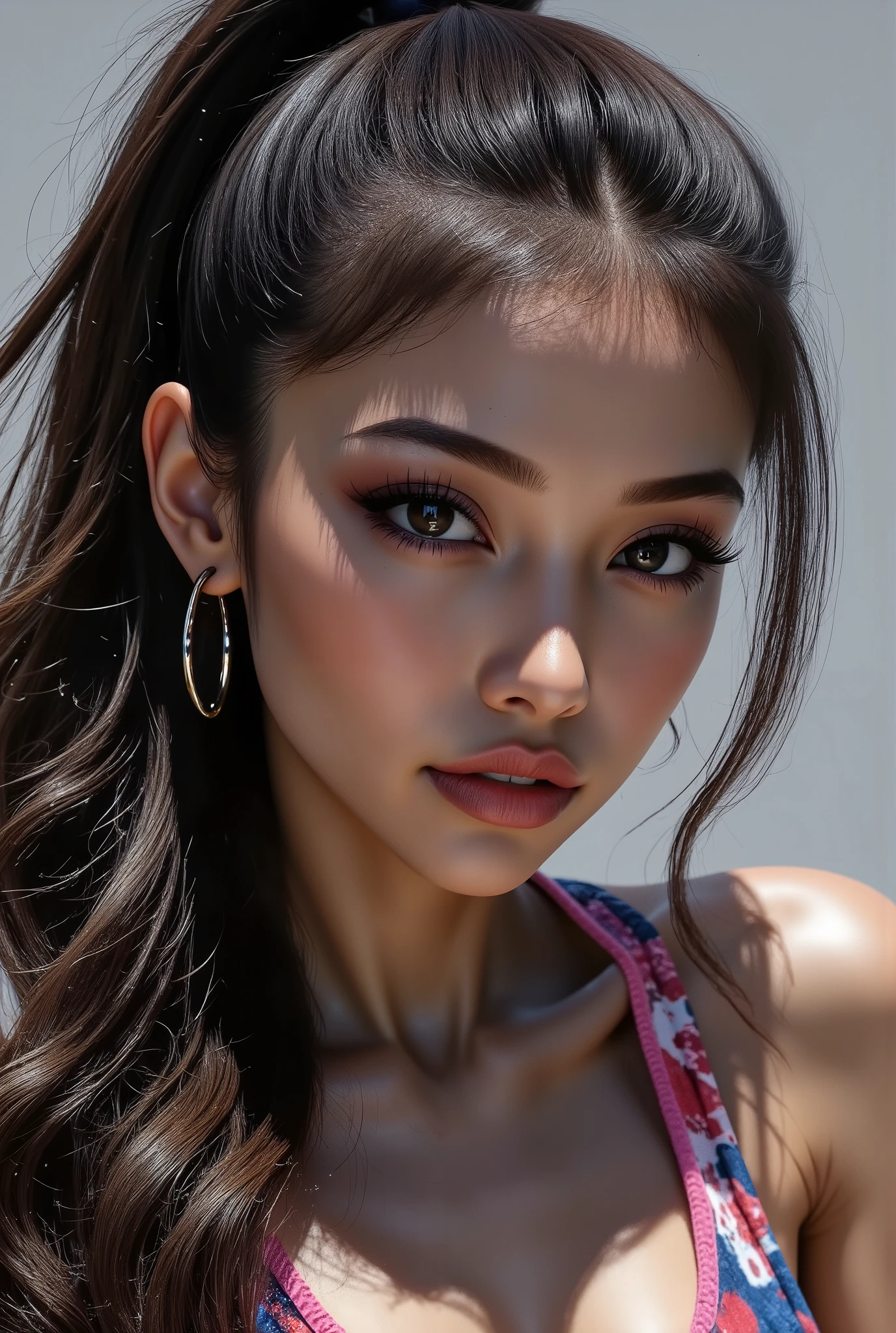  Divide Ratio : 1,1,1 Base Ratio: portrait,perfect dynamic composition:1.2,{[beauty(mixed girl)(madison ivy:0.5)(jessica alba:0.3)(Ariana Grande:0.3) in (Intricately detailed photo of a((22-year-old)))]},((photorealistic)),((Hyper realistic)),((sharp focus)),(highest resolution),(the most absurd quality),(masterpiece),((natural, soft lighting during the day)),fashion supermodel,((best high quality real texture skin)),(Highly quality texture hair),((curly hair(((slicked to the two side)))Intricately detailed:1.44)),(perfect proportions),(anatomically correct),((perfect female body)),((firm normal breasts:1.3)),slim face,beautiful cheekbones,(Super beautiful face),(realistic face),(highly detailed face),absurd art,(realistic eyes),perfect round eyes,finely detailed pupils,(brown_eyes:1.28),BREAK,detailed lips:1.3,pink_makeup:1.3,long_blue_eyeliner:1.2,(red_lipstick:1.32),perfect dark_eyeshadows:1.35,(Detailed nose),small head:1.4,full bodyesbian,dark shot:1.2,((Intricately detailed sports crop top:1.3)),look at the viewer,((city),walking),On the street,((Earrings)),(((front view,full body shot:1.5)))