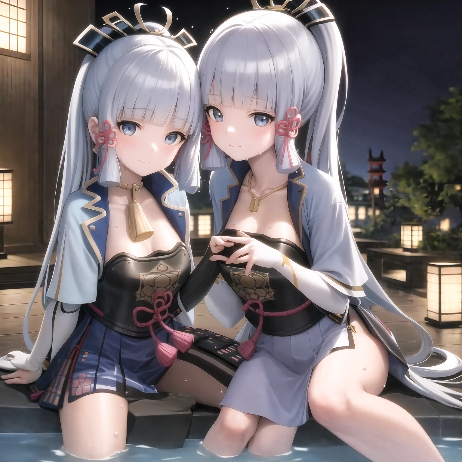 Texture CG, ((Ultra Detail Art)), ((master piece)), (extremely details CG),Multiple girls,3girls,sitting ,nsfw ,ragnarokarch, sexy gal , gyaru,beautiful breasts, beautiful legs,(from below:1.0), show off panties ,panty shot, wind lift ,((string panties),(sexy lingerie panties)),clothy_aside, clothing aside, clothes lift, pelvic curtain,(((White Puff Sleeves))), white thigh thighs, Gold Sash ,White blue dress from neck to chest, cleavage cutout, Long blue skirt with slit, (Blue Wide Sleeve), (Blue Dress Short Front), long hair, blonde hair, pink hair, silver hair, Curve, Beautiful detailed eyes , gleaming skin, open mouth ,light smile, embarrassed:1.4, outsides ,clear sky, in summer ,windy ,garden,