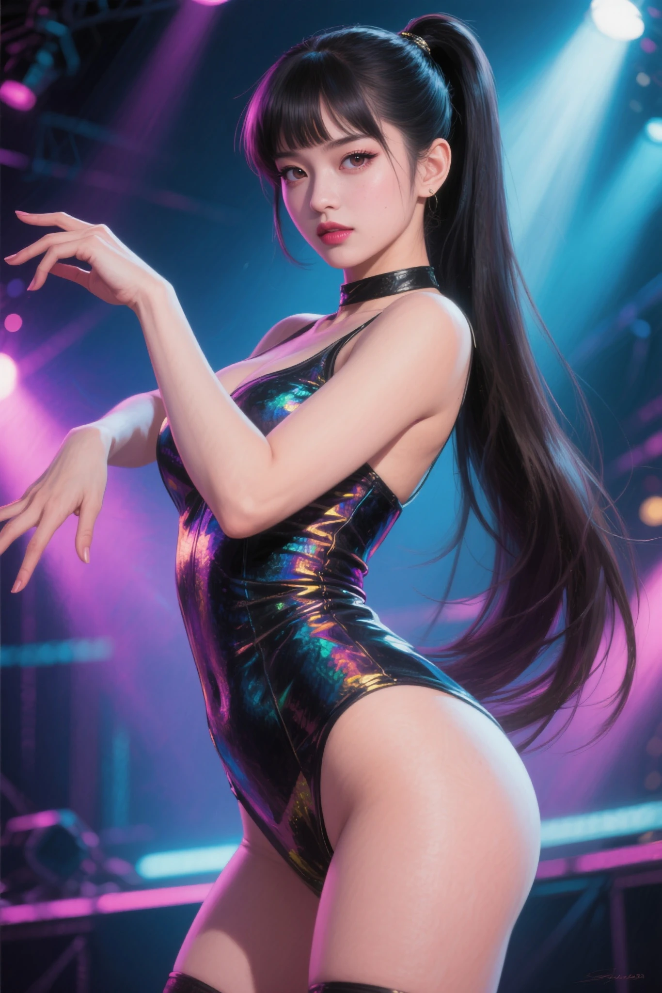 best quality, 8k, highly detailed face and skin texture, high resolution, big tits japanese girl in glitter costume dancing on stage, with neon light, under the light, sharp focus