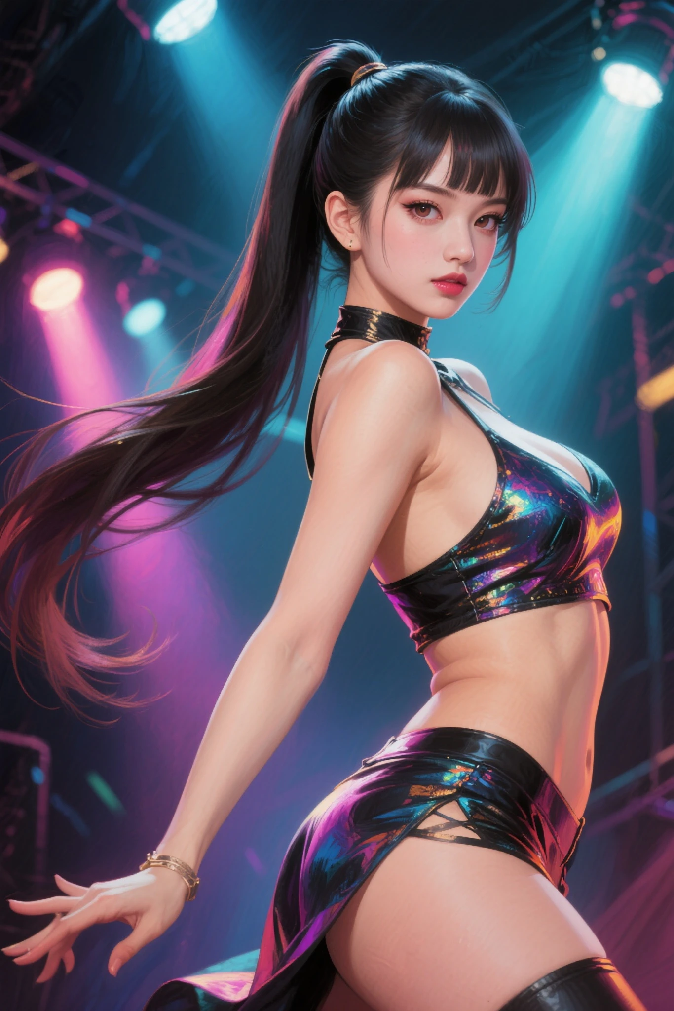 a girl, (super detailed face), bright lips, red lipstick, crazy smile, (brown eyes), (bright eyes), (beautiful expressive brown eyes), (super detailed eyes), eyeliner, (black hair, messy hair, short hair), (realistic hair), (round and small breasts), ((tank top off the shoulder)), short shorts: 1.2, mid-thigh length, dance pose, sensualizing, view from below, nightclub, ((( party lighting))), (((colorful light beams on screen))), hyperrealism, cinematic lighting, masterpiece, best quality, high resolution, textured skin, anatomically correct, 8k wallpaper.
