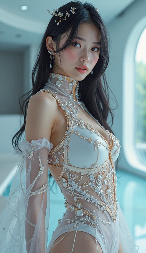 1 girl,seven waves,(Wearing an ice crystal embellished dress:1.5),((flower shop)),jewelry,tattoo,at night, full_moon,Lips slightly open, lustful smile, lustful, red lips,charming figure,huge breasts,Charming cleavage,((8k, original photo, top quality, masterpiece), HD RAW color photos professional close-up photos), (actual, photorealism: 1.37), (best quality), (best shade), ((erotic, Sexy), ultra high resolution, HD CG unified 8K wallpaper, Physically based rendering, movie lighting),(high angle shot:1.2)