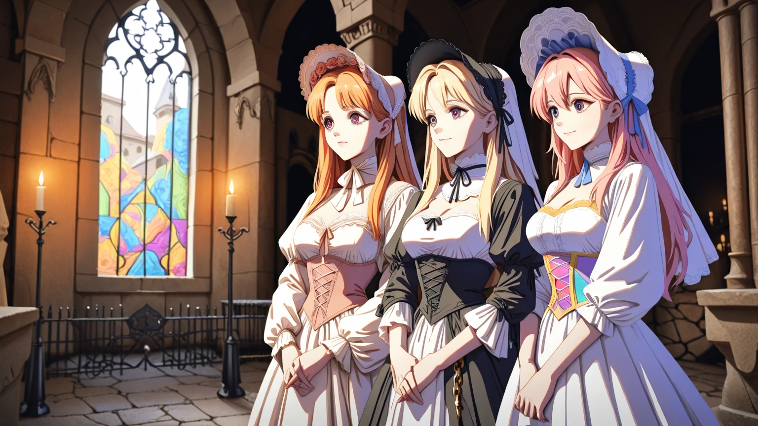 masterpiece, best quality, highres, (thousands of, crowd of), girls, identical sisters, clones, (hair_over one eye:1.2), heterochromia, blue eyes, yellow eyes, crowd shot, mechanical horns, veil, elbow gloves, white dress, long dress, white gloves, short hair, pink hair, bare shoulders, medium breasts, headgear,