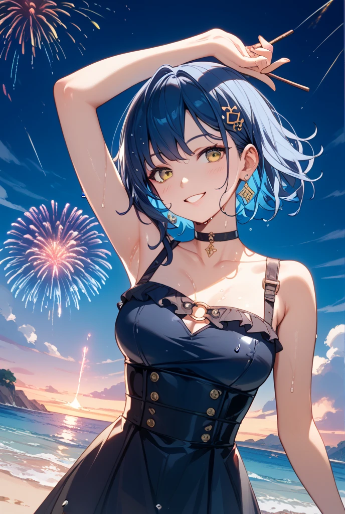 (masterpiece, Highest quality, 8K ultra-high resolution:1.4), 14yo, kawaii, nsfw, Pokemon Riko, Down blouse, Cute Bra, (Navy blue frilly yukata, Frilled underwear, night: 1.4), (Summer festival), ((turn around)), Beautiful Eyes,Flash photography, Backlight, ((Spread your legs)), (The best smile:1.4), (Show your palm to the camera), (Beckon), Written boundary depth, Dramatic portrayal, (Colorful fireworks background), Focus of the film, , Emotional composition, Emotional engine full throttle BREAK Young and cute, Slender body, Flat Chest, Highly detailed glossy skin,Sweat, 完璧なPokemon Riko
, Wind, detailed in the Wind, petals dancing in the Wind
BREAK
ultra detailed crystal eyes, Eyes like shining jewels