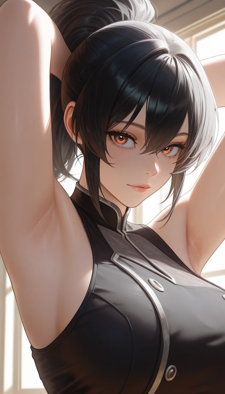 Highest quality、Realistic、woman、zoom、Orange eyes、Black hair ponytail、Ninja、A well-trained body、White shinobi costume、Sleeveless、thin、Dark Skin、Flat Chest、Inappropriate smile、Moonlit Night、Bust Shot、
