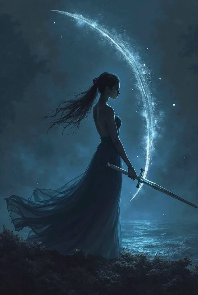 beautiful girl, beautiful breasts, warhammer 40000, sword, stands on a pile of stones. beautiful hips, big moon, moonlight, thunderstorm, rain, wind,