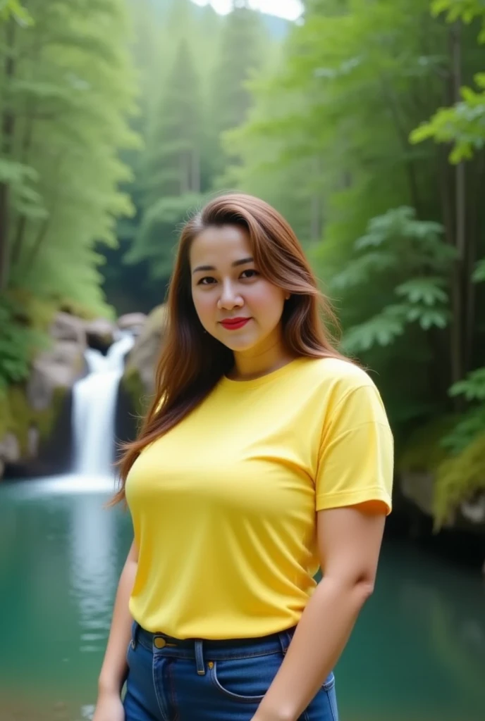 Fat Woman， Obese, Big Size, Round face, Double chin, Overweight,Shoulder-length fluffy hair , hiking，Looking at the camera，smile、
