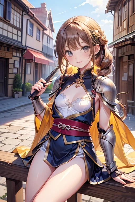 beautiful girl、ponytail（Brown）、baggy bikini armor（red）、Long sword、shield 、