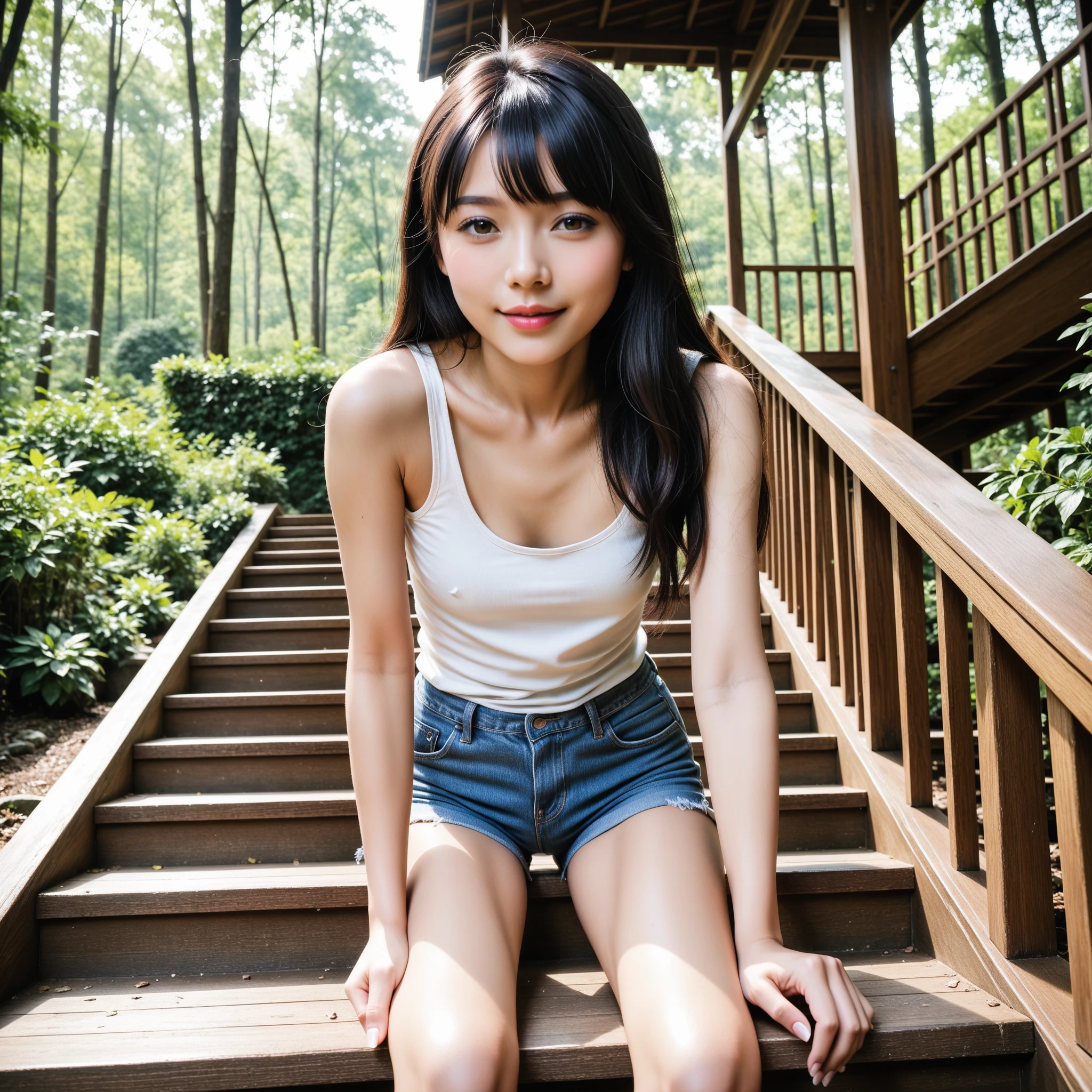 top-quality、​masterpiece、Raw photo、Park after school、a junior high school student、short-cut、A dark-haired、Momo Shiina、A smile、skinny、Hosomi、well-styled、(Tank Tops)、(Denim skirt)、((Panties with striped patterns))、nudde:1.5、((Climb the jungle gym))、No panties、frombelow。