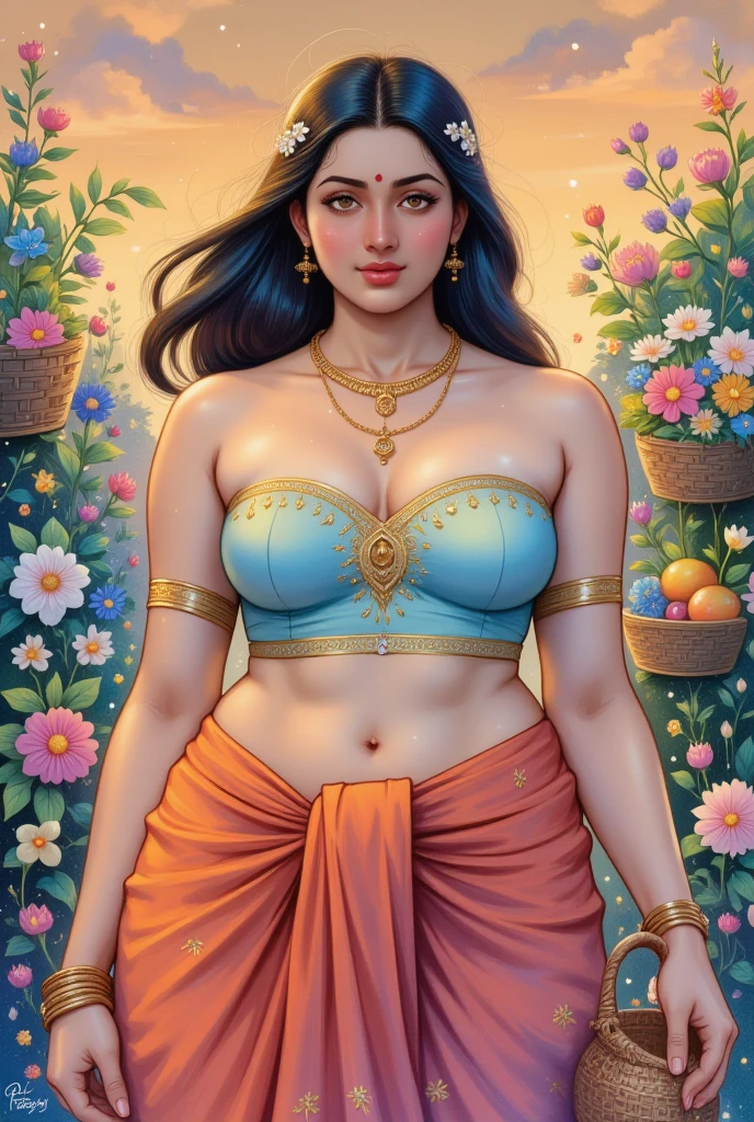 A lovely Indian woman (age 25, athletic, very full breasts natural sag, wide hips, big butt, colorful translucent dress made of sheer silk cloths), happy, heavy flirting, convenient poses where a lot of light is behind her fully revealing the wonders under her translucent dress (breasts and vagina well defined), she is showing the viewer around her home particularly her lavish bedroom (bed covered with many flowers)