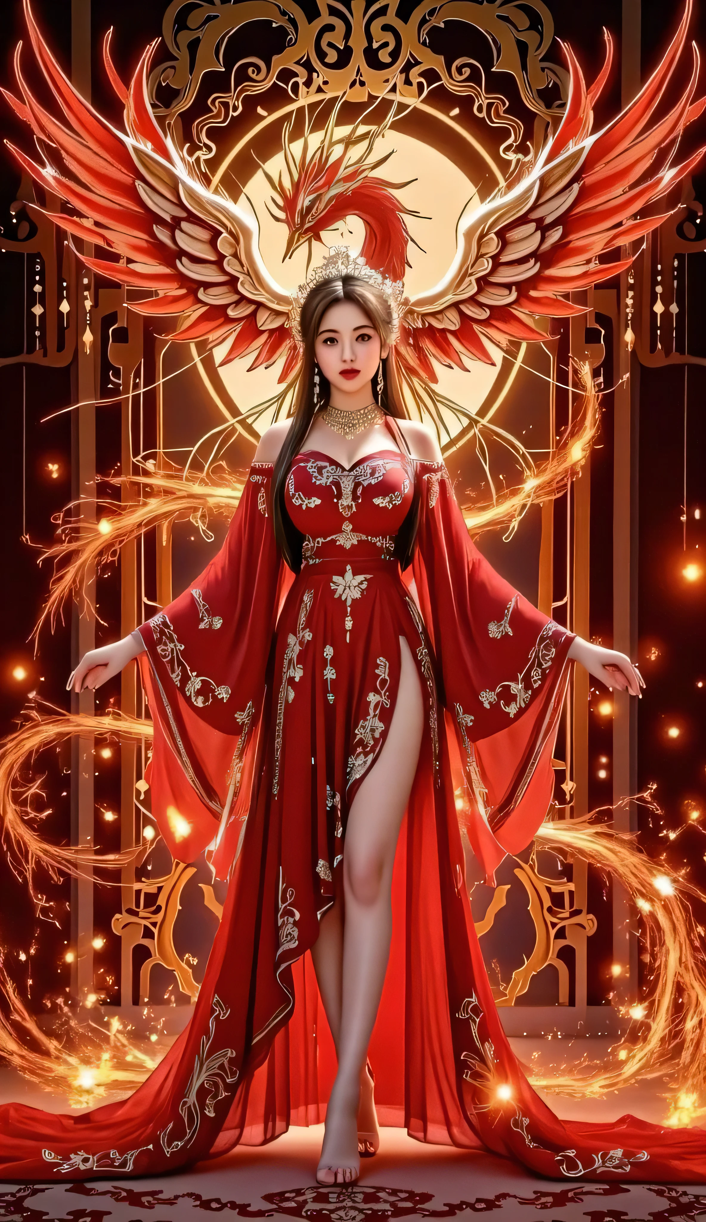 1 girl and 1 red phoenix behind