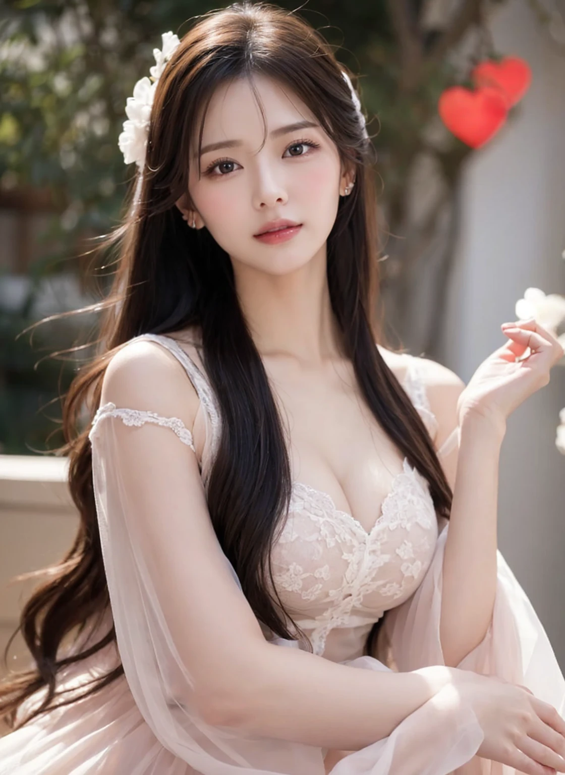 (1girl:1.3), sexy pose, slim body, (photorealistic:1.4), (masterpiece, top quality, best quality, official art), extreme detailed, highest detailed, (ultra-detailed), ((an extremely delicate and beautiful)), cinematic light, (realisticlying:1.3), (highdetailskin:1.2), high resolution, 8K UHD, 4K, 8K, Bokeh, digital SLR camera, absurderes, Optimal proportions of four fingers and one thumb, in the park with trees,sitting on bench, ((silky long hair)), (brown hair), tears, beautiful face, perfect face, highly detailed beautiful face, Cute, shy,blush, dynamic angle, from above,looking at viewer, wearing Tulle Overlay Camisole dress