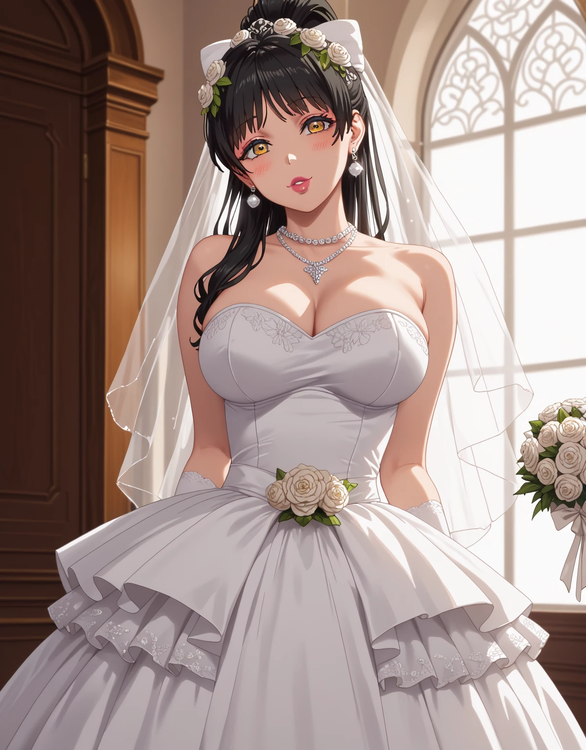 Girl with huge breasts wearing a bra and lace wedding dress ,bridal veil and bouquet at the altar
