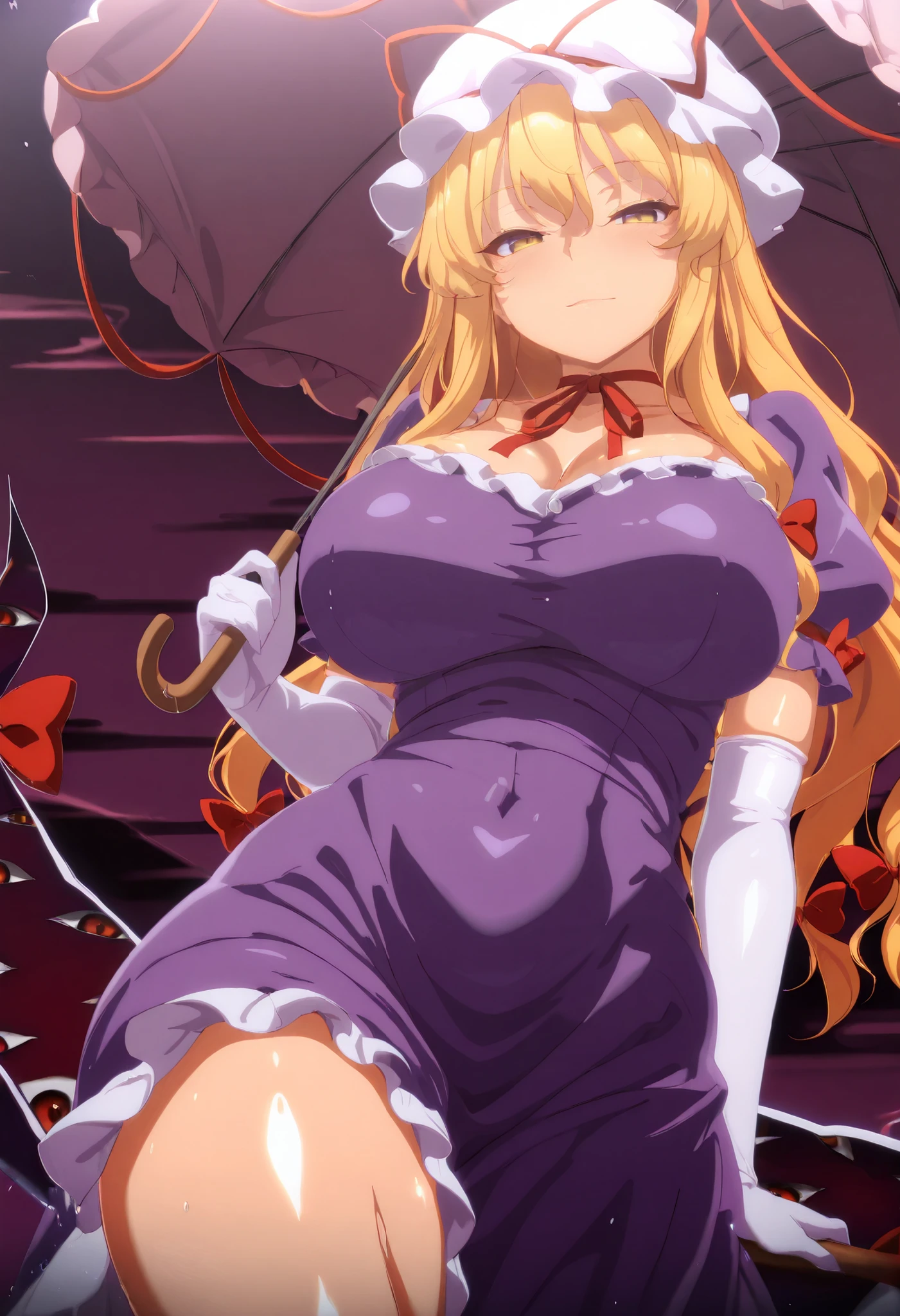 Yukari Yakumo,purple eyes, blonde hair,thick, big tits,
