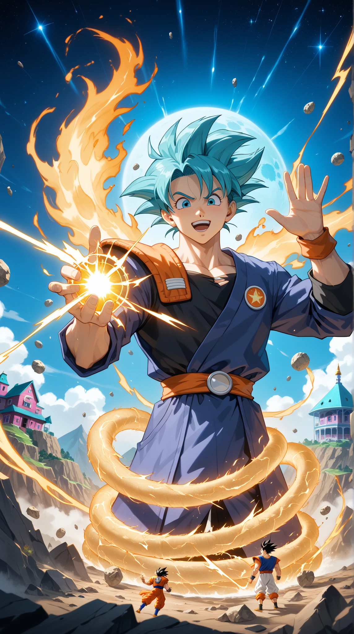 A surreal, emotionally rich multiverse tapestry featuring Goku and Bulma across time and possibility. In the center, young Goku and Bulma ride the Capsule Corp bike under the original Dragon Ball sky—symbolizing the start of the anime journey. Above them, ghostly echoes of key memories: the Dragon Balls glowing like constellations, Master Roshi waving from Kame House, and Shenron coiling around a sky torn between day and night. On the left, an alternate universe where Goku never arrived—Earth is engulfed in shadows, Saiyan pods rain destruction, and Bulma, armored and alone, leads the last human resistance. On the right, a rewritten ending: Goku, having perished in battle, is revived by Bulma who has ed divine tech—replacing the Dragon Balls with a cosmic invention that reshapes fate. In the background, a glowing 'Realm of Power'—Goku unleashes Ultra Instinct surrounded by fractal galaxies, his aura sculpting the landscape. Ethereal, emotionally-charged, layered timelines, cinematic composition, 8K resolution, godlike lighting, mythic tone, anime epic piece