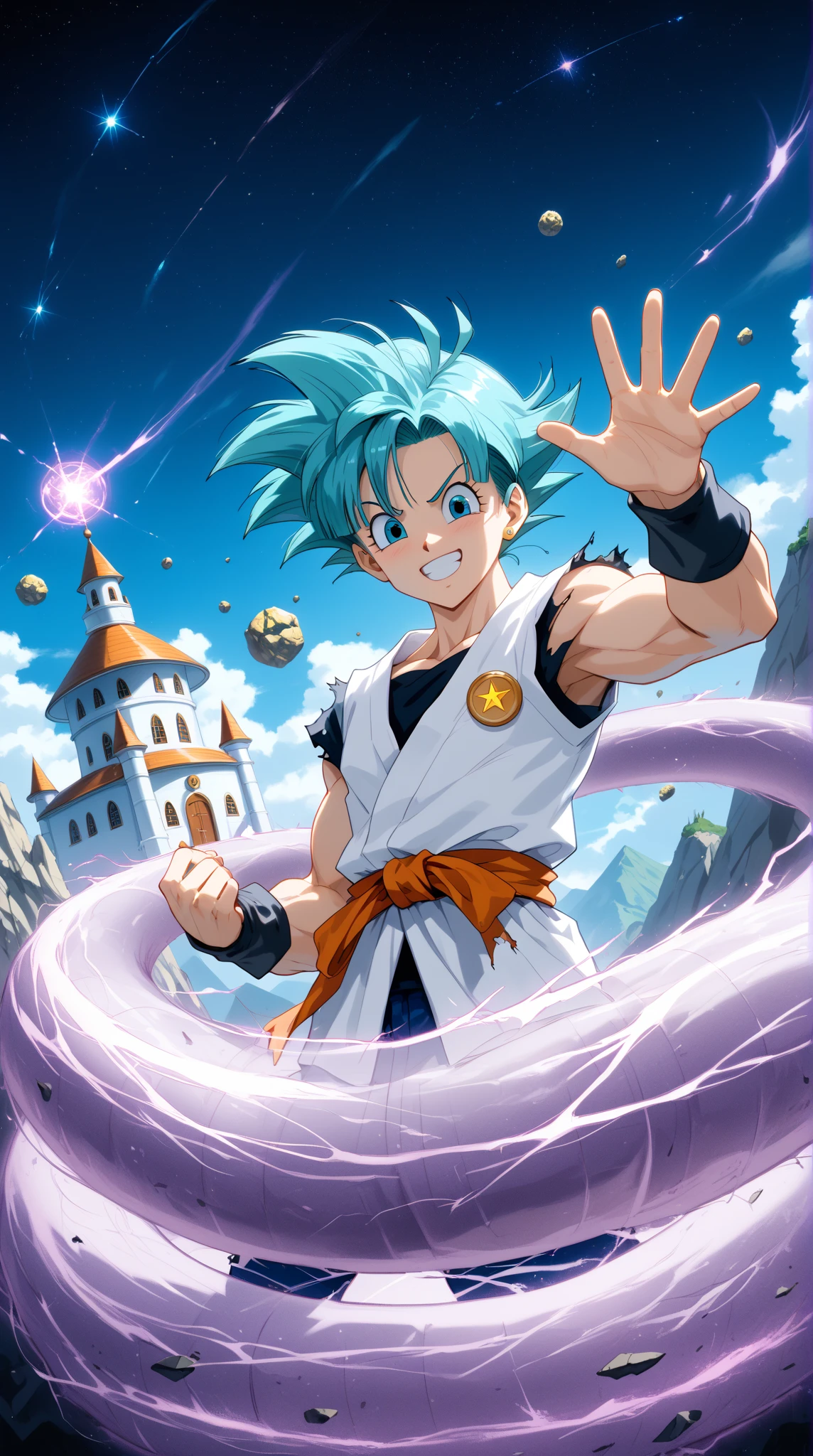 A surreal, emotionally rich multiverse tapestry featuring Goku and Bulma across time and possibility. In the center, young Goku and Bulma ride the Capsule Corp bike under the original Dragon Ball sky—symbolizing the start of the anime journey. Above them, ghostly echoes of key memories: the Dragon Balls glowing like constellations, Master Roshi waving from Kame House, and Shenron coiling around a sky torn between day and night. On the left, an alternate universe where Goku never arrived—Earth is engulfed in shadows, Saiyan pods rain destruction, and Bulma, armored and alone, leads the last human resistance. On the right, a rewritten ending: Goku, having perished in battle, is revived by Bulma who has ed divine tech—replacing the Dragon Balls with a cosmic invention that reshapes fate. In the background, a glowing 'Realm of Power'—Goku unleashes Ultra Instinct surrounded by fractal galaxies, his aura sculpting the landscape. Ethereal, emotionally-charged, layered timelines, cinematic composition, 8K resolution, godlike lighting, mythic tone, anime epic piece