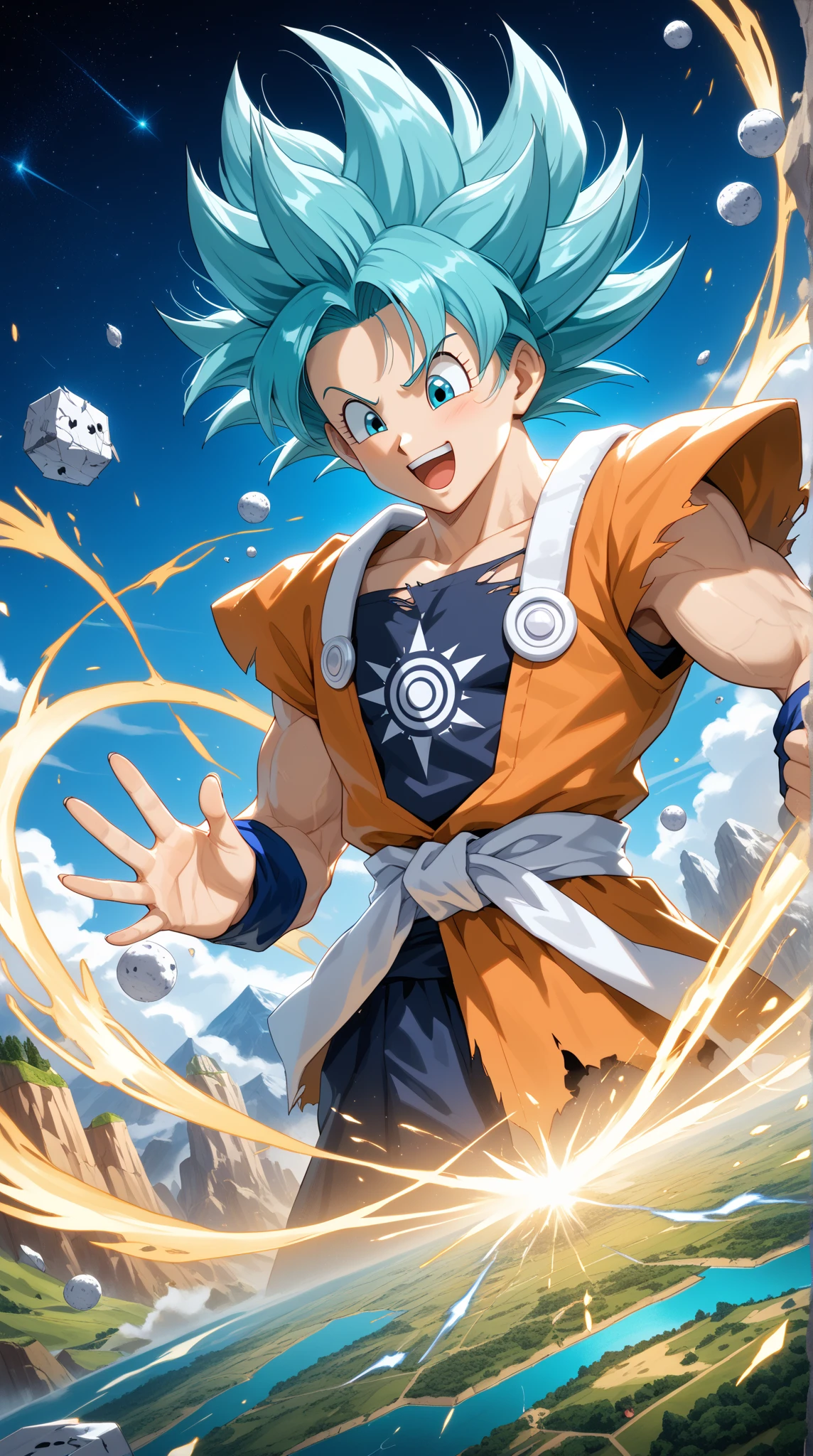 A surreal, emotionally rich multiverse tapestry featuring Goku and Bulma across time and possibility. In the center, young Goku and Bulma ride the Capsule Corp bike under the original Dragon Ball sky—symbolizing the start of the anime journey. Above them, ghostly echoes of key memories: the Dragon Balls glowing like constellations, Master Roshi waving from Kame House, and Shenron coiling around a sky torn between day and night. On the left, an alternate universe where Goku never arrived—Earth is engulfed in shadows, Saiyan pods rain destruction, and Bulma, armored and alone, leads the last human resistance. On the right, a rewritten ending: Goku, having perished in battle, is revived by Bulma who has ed divine tech—replacing the Dragon Balls with a cosmic invention that reshapes fate. In the background, a glowing 'Realm of Power'—Goku unleashes Ultra Instinct surrounded by fractal galaxies, his aura sculpting the landscape. Ethereal, emotionally-charged, layered timelines, cinematic composition, 8K resolution, godlike lighting, mythic tone, anime epic piece