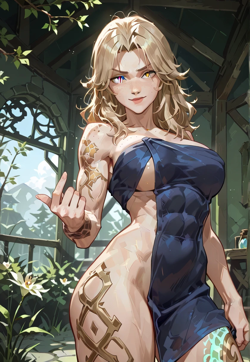 European female , long curly hair, blond, flora background, glasses, bikini, tattoo, sleeveless bra, underboob, by Alphonse Mucha