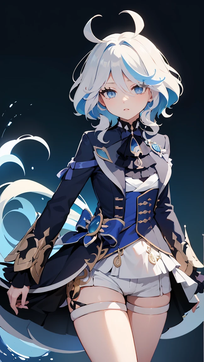 masterpiece, best quality, 1girl, furina, genshin impact, white hair, blue hair, cute, tear shaped pupils, sad, cry, underwater, bubbles, sea, submerged, abandoned city