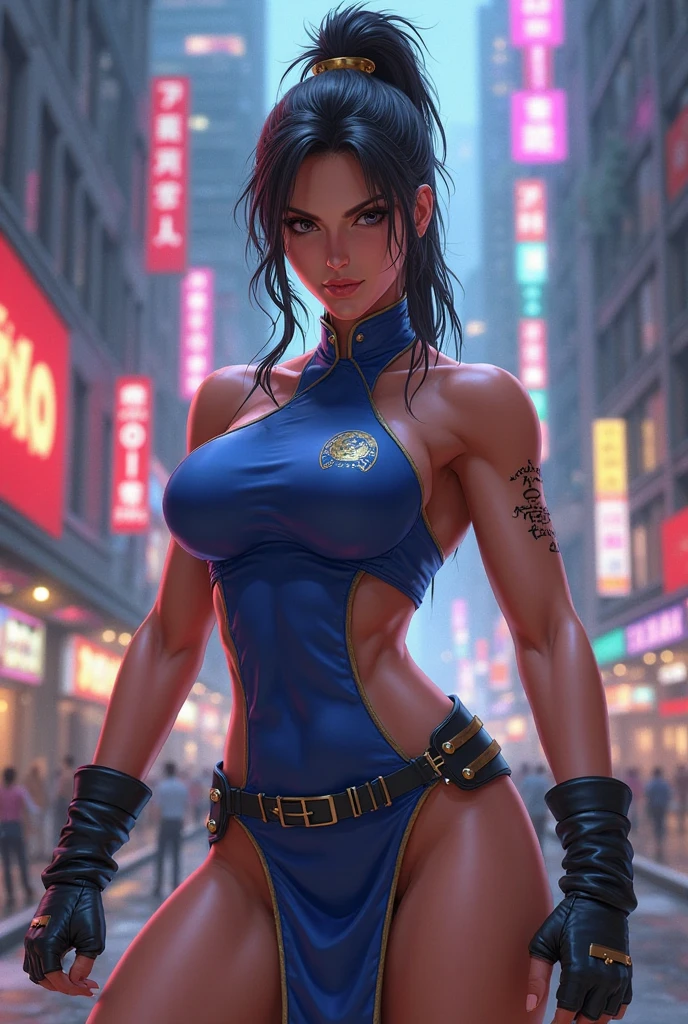 Chun li de street fighter, en bikini azul, con un cuepor muy sexy