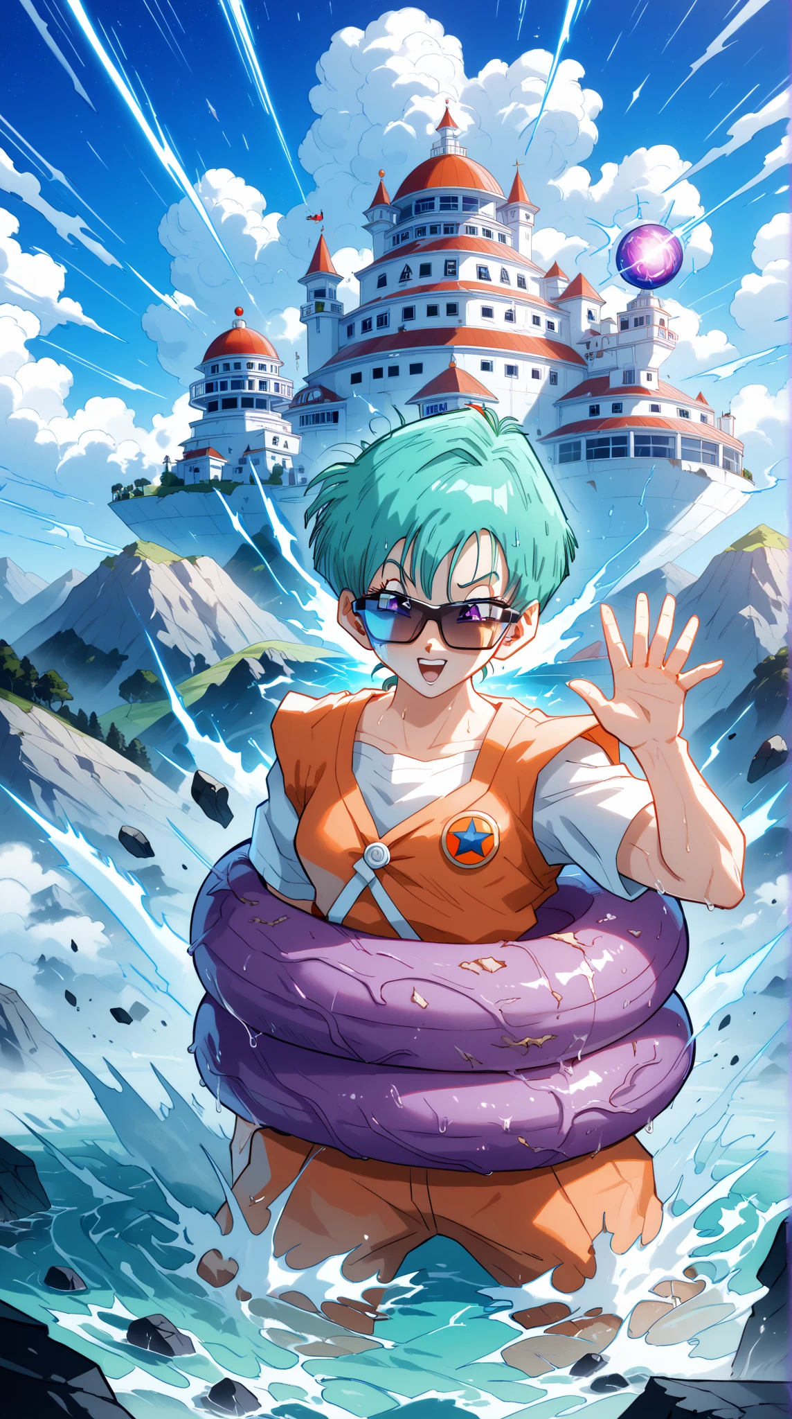 A surreal, emotionally rich multiverse tapestry featuring Goku and Bulma across time and possibility. In the center, young Goku and Bulma ride the Capsule Corp bike under the original Dragon Ball sky—symbolizing the start of the anime journey. Above them, ghostly echoes of key memories: the Dragon Balls glowing like constellations, Master Roshi waving from Kame House, and Shenron coiling around a sky torn between day and night. On the left, an alternate universe where Goku never arrived—Earth is engulfed in shadows, Saiyan pods rain destruction, and Bulma, armored and alone, leads the last human resistance. On the right, a rewritten ending: Goku, having perished in battle, is revived by Bulma who has ed divine tech—replacing the Dragon Balls with a cosmic invention that reshapes fate. In the background, a glowing 'Realm of Power'—Goku unleashes Ultra Instinct surrounded by fractal galaxies, his aura sculpting the landscape. Ethereal, emotionally-charged, layered timelines, cinematic composition, 8K resolution, godlike lighting, mythic tone, anime epic piece