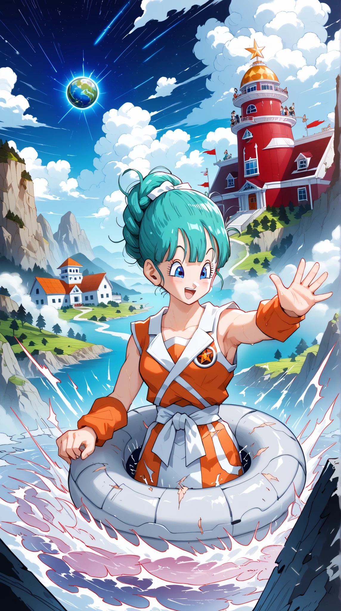 A surreal, emotionally rich multiverse tapestry featuring Goku and Bulma across time and possibility. In the center, young Goku and Bulma ride the Capsule Corp bike under the original Dragon Ball sky—symbolizing the start of the anime journey. Above them, ghostly echoes of key memories: the Dragon Balls glowing like constellations, Master Roshi waving from Kame House, and Shenron coiling around a sky torn between day and night. On the left, an alternate universe where Goku never arrived—Earth is engulfed in shadows, Saiyan pods rain destruction, and Bulma, armored and alone, leads the last human resistance. On the right, a rewritten ending: Goku, having perished in battle, is revived by Bulma who has ed divine tech—replacing the Dragon Balls with a cosmic invention that reshapes fate. In the background, a glowing 'Realm of Power'—Goku unleashes Ultra Instinct surrounded by fractal galaxies, his aura sculpting the landscape. Ethereal, emotionally-charged, layered timelines, cinematic composition, 8K resolution, godlike lighting, mythic tone, anime epic piece