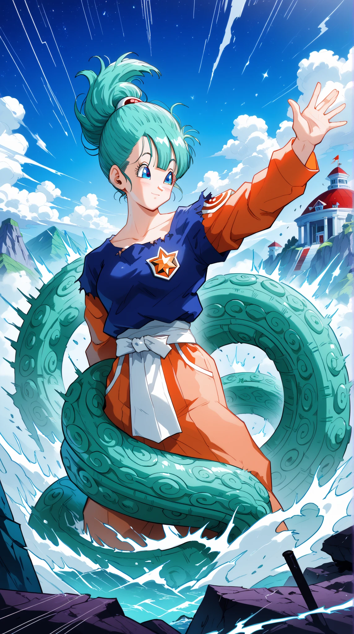 A surreal, emotionally rich multiverse tapestry featuring Goku and Bulma across time and possibility. In the center, young Goku and Bulma ride the Capsule Corp bike under the original Dragon Ball sky—symbolizing the start of the anime journey. Above them, ghostly echoes of key memories: the Dragon Balls glowing like constellations, Master Roshi waving from Kame House, and Shenron coiling around a sky torn between day and night. On the left, an alternate universe where Goku never arrived—Earth is engulfed in shadows, Saiyan pods rain destruction, and Bulma, armored and alone, leads the last human resistance. On the right, a rewritten ending: Goku, having perished in battle, is revived by Bulma who has ed divine tech—replacing the Dragon Balls with a cosmic invention that reshapes fate. In the background, a glowing 'Realm of Power'—Goku unleashes Ultra Instinct surrounded by fractal galaxies, his aura sculpting the landscape. Ethereal, emotionally-charged, layered timelines, cinematic composition, 8K resolution, godlike lighting, mythic tone, anime epic piece