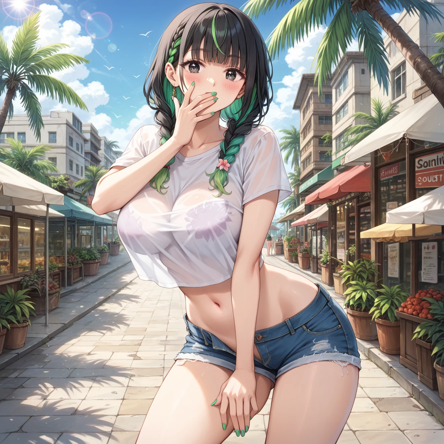 Create a hot girl with big  running in the market in the bikini.private line visible