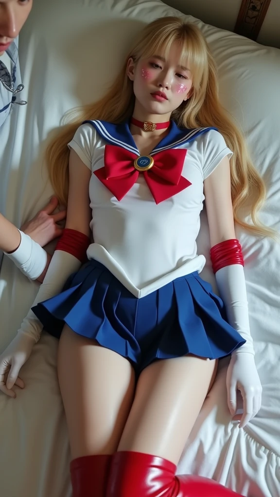 nsfw,best quality,masterpiece,ultra high res,(cowboy shot:1.3),(photorealistic:1.4),8K raw photo,cinematic lighting,official art,night, //, 1girl as sailor moon,natural skin texture,realistic eye and face details,full lips,rouge \(makeup\),red eyeshadow,lipstick,full lips,parted lips,(blonde hair, long hair, ponytail, double bun, blonde hair:1.2),messy hair,large breasts,,beautiful legs,nudity,tall female,skinny,slim_legs,thigh_gap,(looking at viewer:1.2),model,black thighhighs,dynamic pose,high heels,from front,lying,show ,no panties, //, full of roses,detailed background,see-through,wearing see trough dress,elegant dress,(white silk lace nightgown), ((missionary anally penetrated)),((spread legs)),((extreme close up)),(ultra-detailed),portrait,(masterpiece),(best quality),(ultra detailed),professional lighting, (sailor moon uniform:1.2)