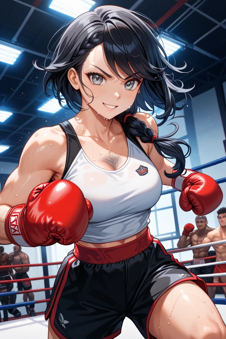 purple hair, long hair, blunt bangs, yellow eyes, red boxing gloves, abs, sports bra, large breasts, boxing ring background, (dark-skinned female, tan), 1girl, smile, <lyco:DerpixonStyle:1.2>
