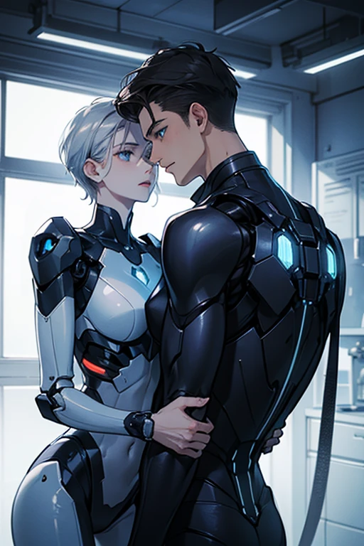 (White tight body suit), masterpiece, futuristic suit, gloves, white gloves, skin tight bodysuit, toned male, teenager, young male, beautiful face, bodysuit, (futuristic), (sci fi suit), toned male, bulge, shoulder guard, neck guard, blue eyes, tight white gloves, white skin, boots, armour, futuristic mask, two males, touching each other