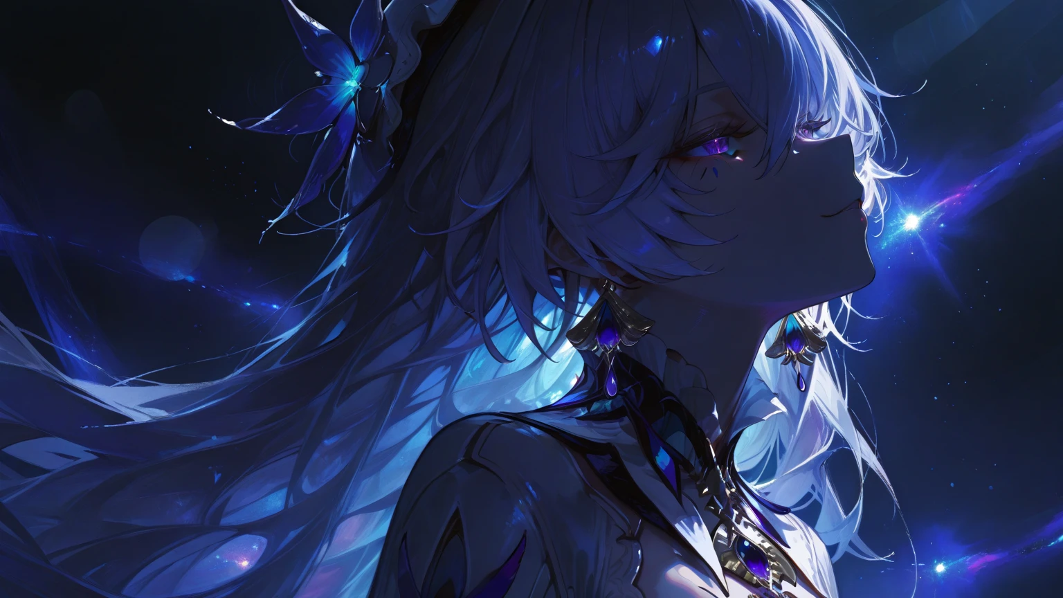 Body painting of a European female, kneeling down while crying angrily, black burn scar on the whole left side of her body, long hair, very messy hair, silver hair, dark blue eyes, white diamond pupil, sharp black claws on her left hand, thorny frame, Decorative panels, abstract, night time, 
artistic, by Alphonse Mucha
(Masterpiece, Best Quality, Highres:1.4), Detailed, Intricate Details, 4K, color splashes, line art, 4K，Complicated details，HighestQuali，A woman in a robe sits alone，looking at the distance，The tone suppresses anger，deep colour，black in color，Deep black，purpleish color，Mountains and mountainagia，The feeling of loneliness，repression，Tattered tunic, full body, detailed 4k face, high definition face