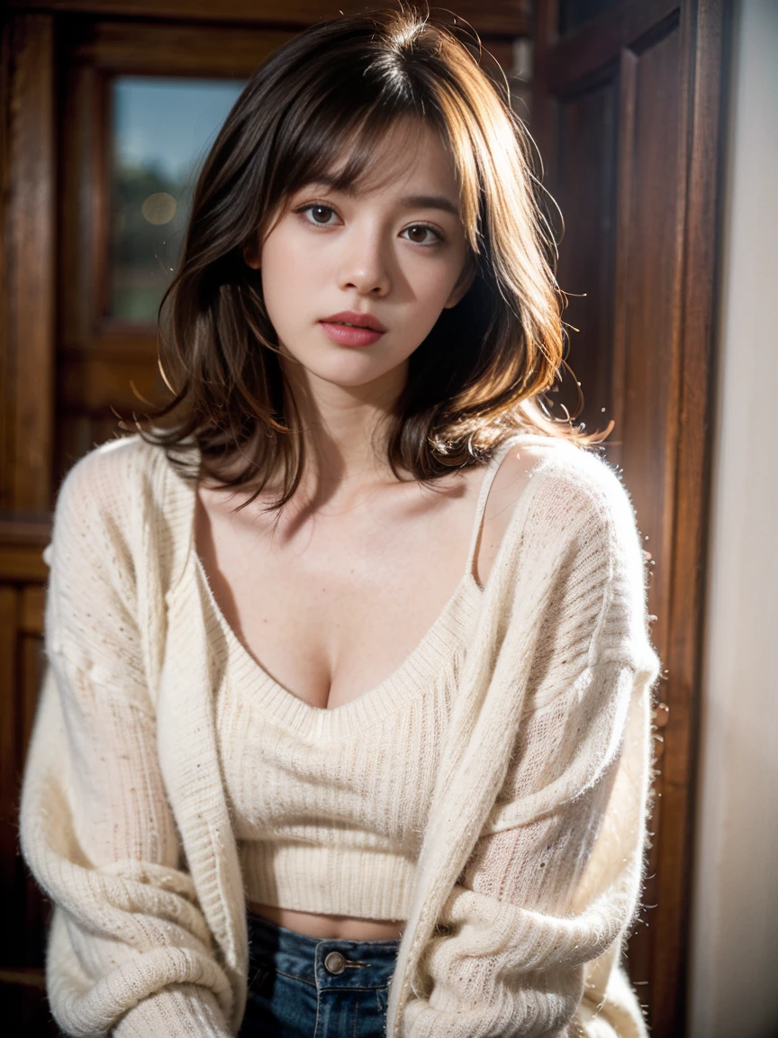 ((masterpiece)), ((best quality)), (ultra-detailed), ((extremely detailed)), 4K, (8K), best quality, (nsfw), (beautiful)3, realistic, real, Japanese style room, a cute girl, nude, ((Change of clothes)), beautiful light brown hair, beautiful brown eyes, ((beautiful eyes)), slim, cool face, straddling, ((vaginal sex)), from side, Japanese girl, breast squeeze, ((look away))