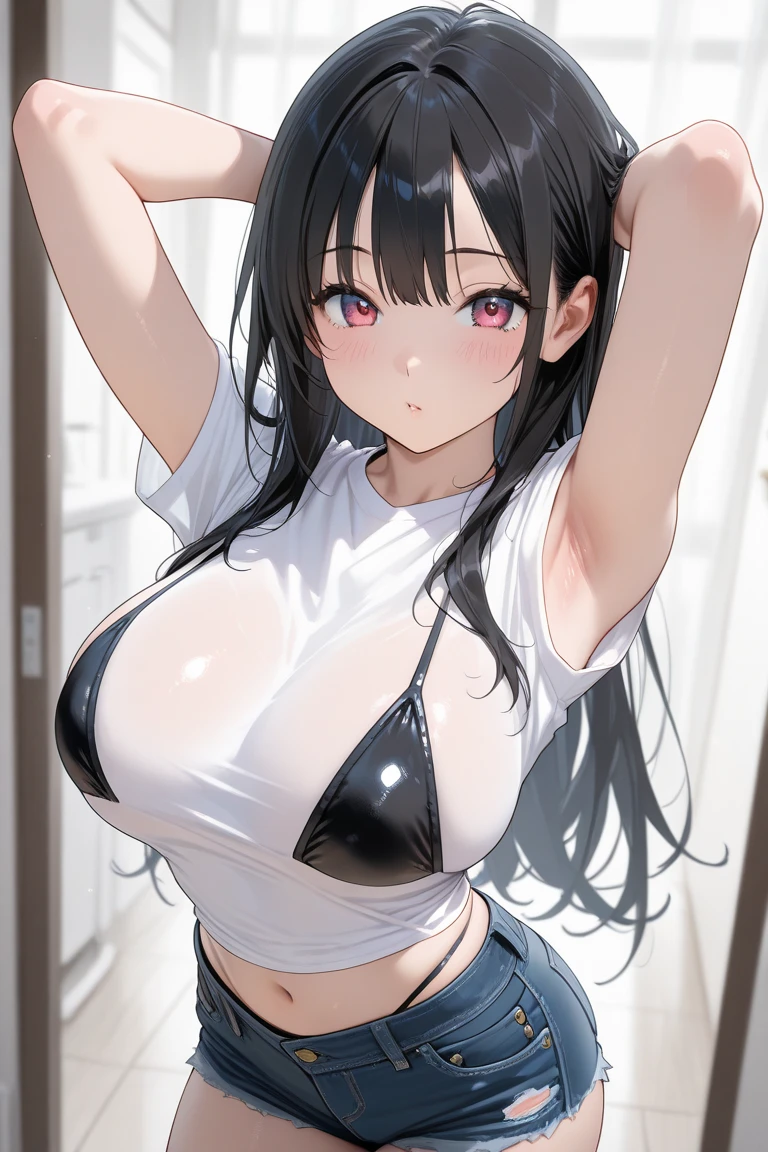 (8k, Highest quality, masterpiece:1.2),\(Detailed Eyes\),\(Facial Features\),(\(Clothing details\)\),(Huge ceiling),Upper Body,(Face Focus) ,Muito detalhado CG unidade 8k papel de parede,Huge file sizes,Super detailed,High resolution,Absurd,Beautiful Eyes,Line trace,Dramatic Shadows,finely,Dramatic angle,Hyper Detail,(1 girl:1.3),(alone) Mature Woman, Busy appearance,Wearing a stylish sports bra and nylon shorts,Cut Coverage,Wet clothes,Sweating profusely
