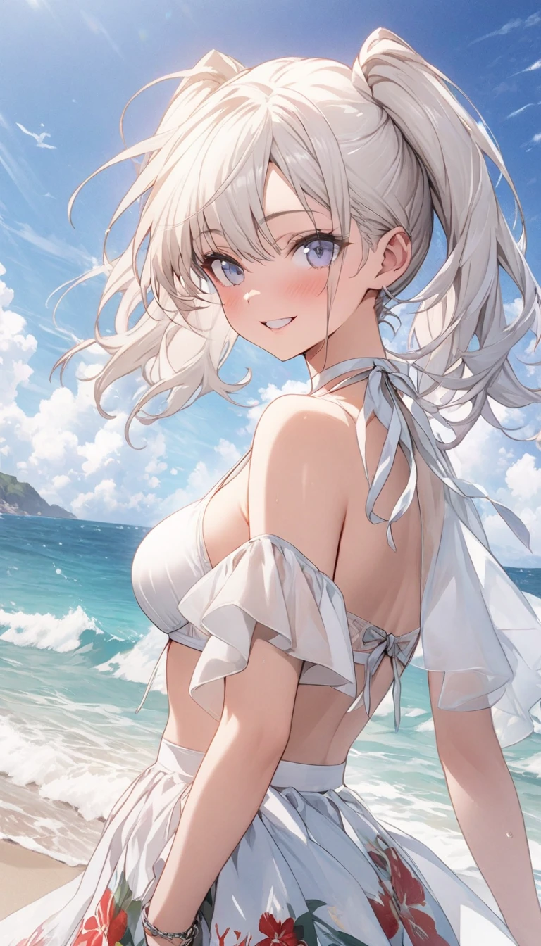 anime girl, white hair, bikini, beach