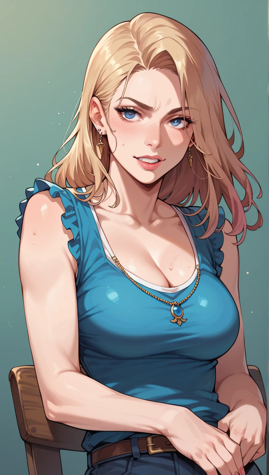 best quality, (masterpiece),(ultra-detailed), (high quality), (high resolution),  <lora:haley-10:0.7>,1girl, bare shoulders, blonde hair, blue eyes, blue sky, blush, bracelet, breasts, day, earrings, flower, frilled skirt, haley, holding, jewelry, lips, long hair, looking at viewer, miniskirt, necklace,  ocean, outdoors, piercing, pink skirt, rblue shirt, simple background, smile, solo, sweat, teeth,  white background
