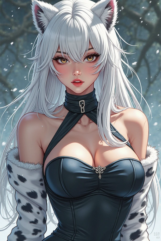 (Best Quality, 8K, Masterpiece, Ultra HD: 1.3, Ultra quality cinematic lighting, Huge detail, Well lit, 35mm, sharp, hyper realistic, epic scale, insane level of details, beautiful detailed girl, very detailed eyes and face, beautiful detailed eyes, ultra detailed skin, realistic skin), Lindsey Vonn as a Shenhe, ((short torso, long legs, slim waist, big hips, big naturally sagging breasts):1.2), ((black matte full-body bodysuit, white shirt):1.3), ((no bra, nipple heads is visible):1.25), (((long white hair braided, silver light hair), gray eyes, bright red lipstick):1.3), (black feather in the hair on the right:1.3), necklace, earrings, bracelet, (arms behind her:1.2), (snow forest, pine trees)