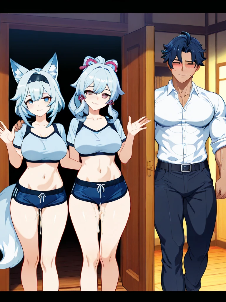 pregnant,baby bump,pregnancy,wolf boy,boy,male,femboy,twink,in short shorts,in thigh highs,wolf ears,white hair,wokf tail,tail
