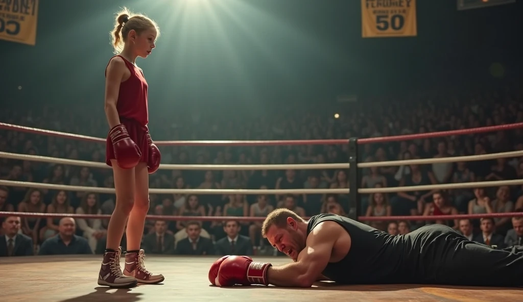 (Extreme complexity, two subjects fighting) (subject 1: Emma Watson, age 14, cute Olympic boxing outfit, in a boxing stance.) She is in the boxing ring facing (Subject 2: Mike Tyson (age 30, in his muscular prime, scary tattoos, fighting stance))