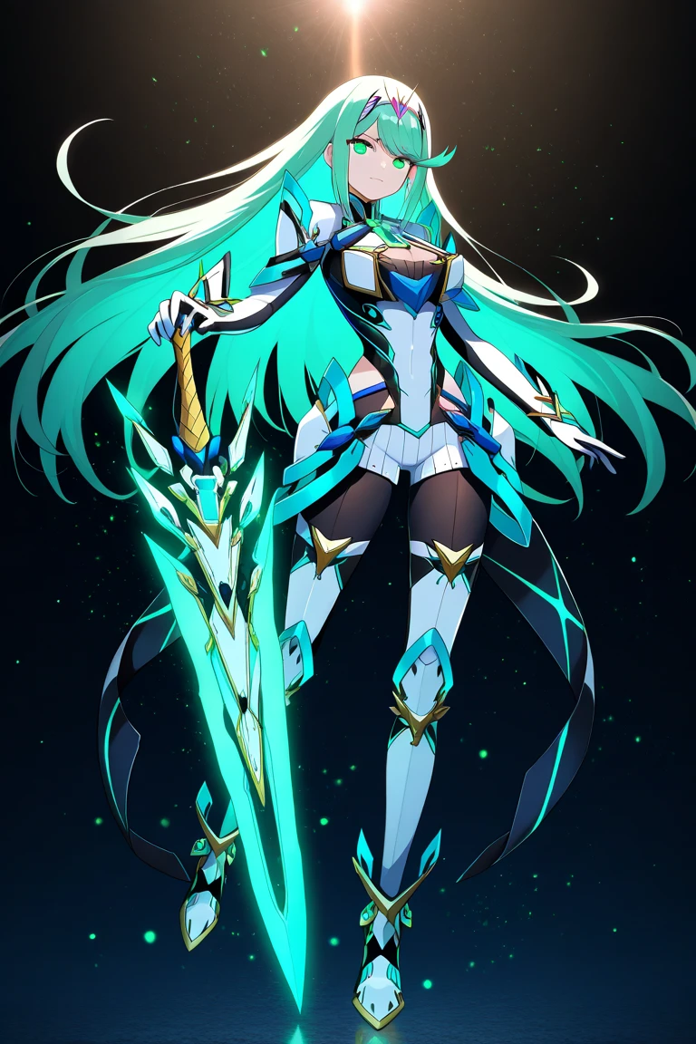 A majestic female warrior with long green hair and glowing emerald eyes ...