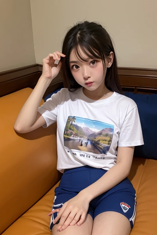 best quality, ultra detailed, 16K, woman, bob, sitting, black hair, closeup shot, inside, in the bedroom, real person, 20-year-old, japanese, t-shirt, , looking at viewer, legs spread, low angle shot, mini skirt