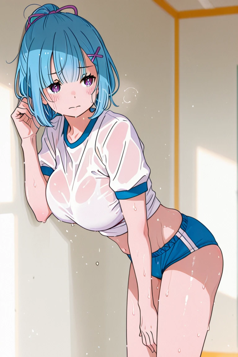 Girl with short green hair, The chest is medium, Green Eyes, 、(tits),Full body photo from head to toe,、cloth、(Clear Face)(Best Quality, High resolution, Super detailed),, (Vivid and colorful, The chest is clearly in focus),(Soft Breasts:1.2)、belly button、Sweatは白い色、Exposed chest,Full body photo from head to toe,、体中に白いSweat,Sweatだく、M-shaped legs,Yoga poses、stretch、Training wear、Spread your legs and stretch your legs、New Gymnastics、Hot Yoga、Steam-filled room、burn、Heavy breathing、Harsh posture、((Overbreathing))、Open your mouth、((Sweat))