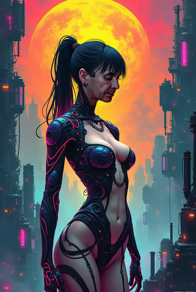 (((mulher))), (((melhor qualidade))), (((obra prima))), (((adulto))), (((1girl))), ((( Cabelos super curtos ))), (((corte de cabelo curto))), (((tatuagem negra em forma de letras))), Uma mutante cyberpunk mulher de 25 anos com corpo perfeito, Jamie Lee Curtis, rosto limpo, (( jaqueta aberta com spines, multi colorida )), no-bra, micro latex skirt, tiny latex panties, Texturas intrincadas, quase nua no estilo selvagem urbano de Simon Bisley para a capa da revista Heavy Metal, Spectacular colorful graphics, Minimum clothing, Metallic protection on the shoulders and arm with intricate alien graphics, Dark blue with white stars and red and white checkerboard pattern, (((do joelho pra cima))), (((  Cabelo laranja e preto  ))), Ao fundo design intrincado em art deco, (((tattoo)))
