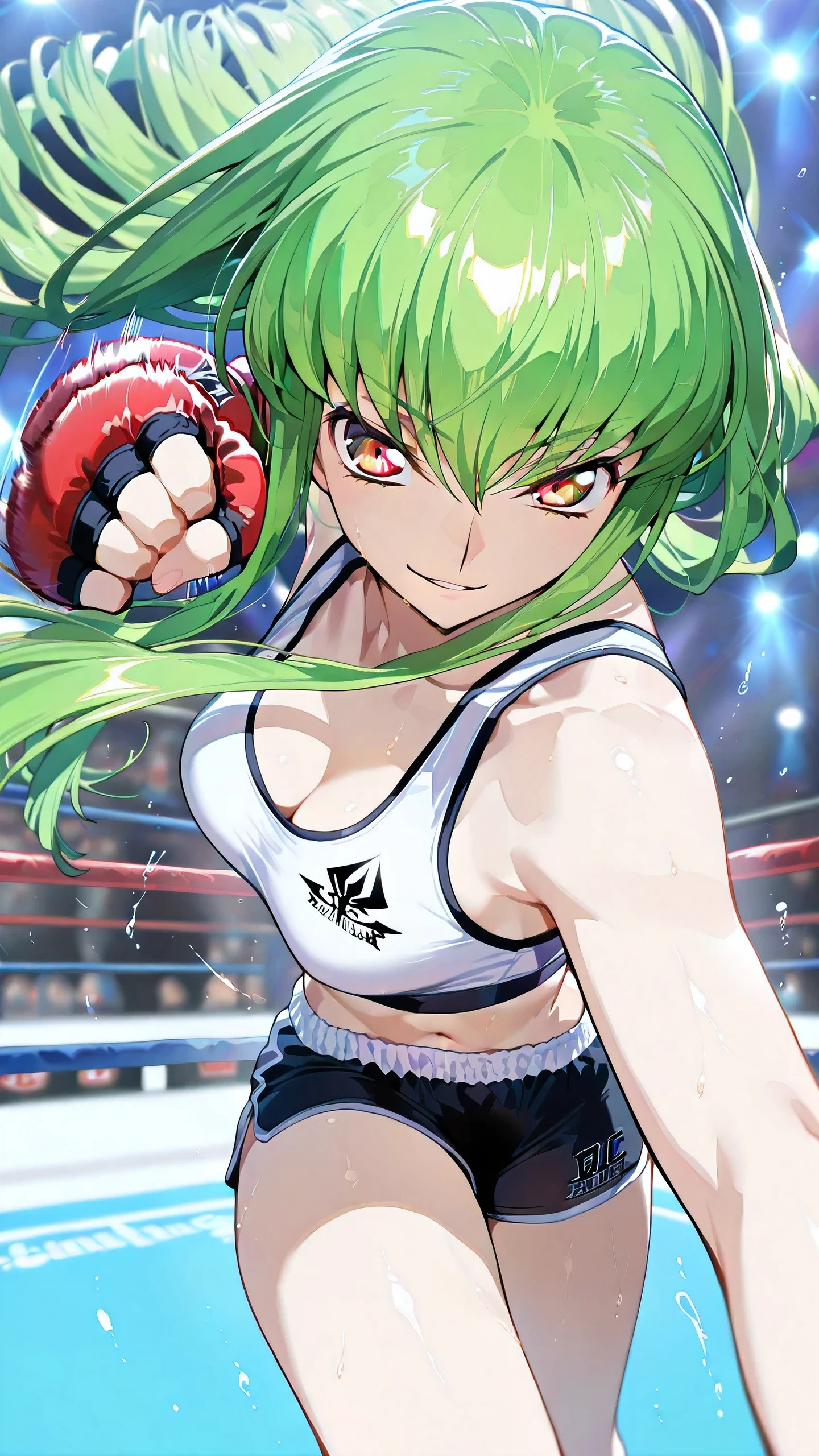 C.C., Code Geass, gold eyes,, solo, Detailed eyes, white sports bra, black boy leg spats, white fingerless gloves, thigh, cleavage, slim long legs, medium breast, smirk, looking at viewer, Detailed eyes, Detailed face, portrait, from side-above,

p4nch, punching, clenched hand, motion lines, motion blur,

boxing ring, spectator seats, (depth of field).