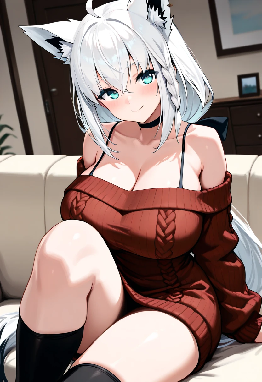 c0uchc4sting, <lora:c0uchc4sting:0.8> sitting on a black couch,  belfast_azurlane, long_hair, breasts, large_breasts, white_hair, bangs, cleavage, smile, braid, blush, blue_eyes, french_braid, collarbone, purple_eyes, chain, very_long_hair, 1girl, aran_sweater, bare_shoulders, beret, black_skirt, brown_sweater, cable_knit, earrings, food, hat, hoop_earrings, jewelry, looking_at_viewer, off-shoulder_sweater, off_shoulder, red_headwear, skirt, sweater, choker, red background, pencil_skirt, red_nails, white_background, nail_polish, pantyhose <lora:belfast_azurlane:0.8>