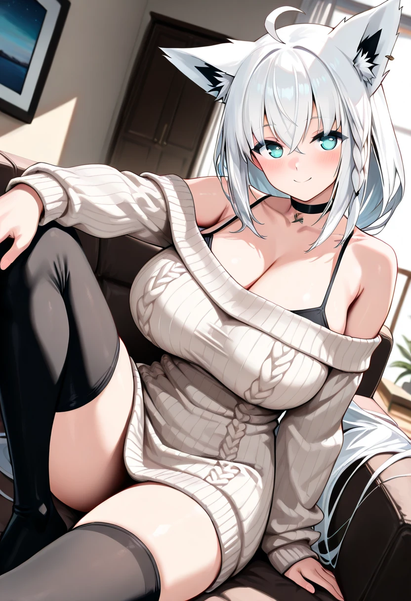 ((beige turtleneck long sweater,hand-knitted sweater:1.2))long sleeves sweater,thigh,cleavage,Black Gal、(dark-skinned:1.3)、(8k, RAW photo, best quality, masterpiece:1.2), (extremely detailed 8k wallpaper),illustration、professional lighting,sharp focus, depth of field、
nsfw、clear eyes、perfect anatomia、huge tit、a blond、Twin-tailed、Plump thighs、full bodyesbian、black socks above the knee、Sit on the sofa、girl with、Kogal、Knees upright and legs open(open legs:1.5)、white panty、Highlighting the streaks of white panties、luslous skin、Black long boots、cleavage cutout、Put your hands on your chest