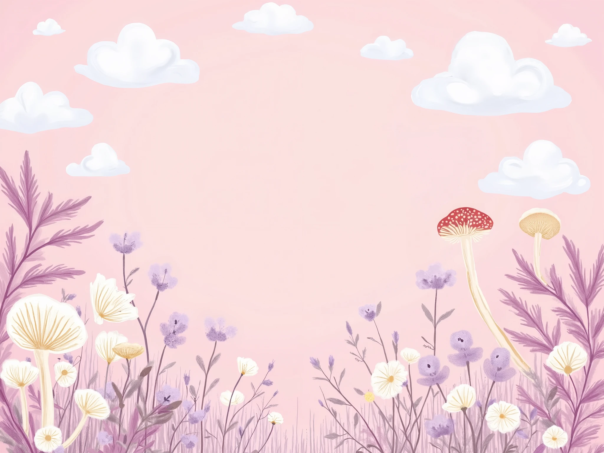 Create a baby shower invitation with enoki mushroom theme. Pink (primary) with white and purple color. With lot of MUSHROOMS , cloud, tiny flowers. Color MUST BE pastels
