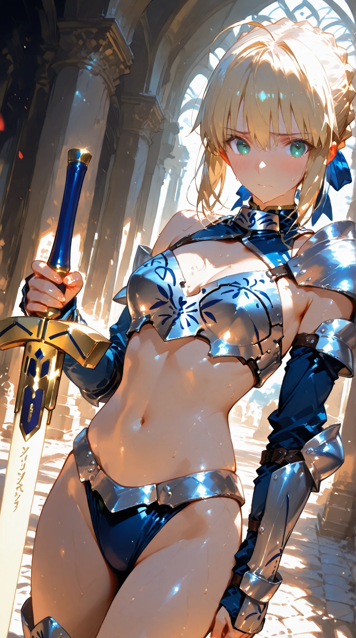 artoria pendragon, Fate stay night, score_9, score_8_up, score_7_up, detailed eyes, (shy:1.1), (sweat:0.8), (bikini armor:1.2), holding excalibur, 1girl, painterly, perfect light, very aesthetic, intricate details, very detailed background, Dutch angle, dynamic angle, cowboy shot, bare shoulder,