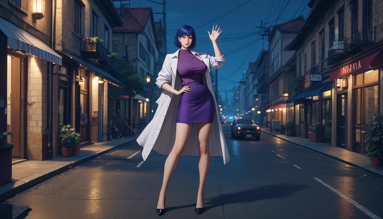 carina from anime one piece, purple hair, short hair with mascara, faint smile, perfect body, standing, looking at viewer, big boobs, wearing formal dress, white formal shirt, black blazer, black pants, in public, outside Tokyo city , on the side of the road, wearing a watch, wearing earrings, beautiful woman, beautiful, very beautiful