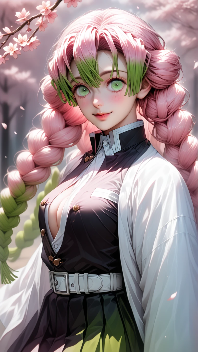 nffsw, nffsw, Sharp Focus, (8K), (4K), (masutepiece), (Best Quality), Fantasy, Very detailed, with an intricate, Ultra Detail, (perfect symmetry: 1.3), (bright bright green eyes:1.2)(Perfect eyes), Illustration, Soft lighting, Full body (Specular lighting: 1.4), High resolution, Absurd, Superior Quality, Full body (Perfect Body Detail), Good anatomy(masutepiece)Mitsuri has for a long time, Wavy pink hair falling on her back. His eyes are an impressive shade of green, Often described as seductive and seductive. Mitsuri has a slender but curved figure, with pronounced proportions that emphasize her femininity,,. She is often dressed in gentle clothes, A warm smile on her face, Exude friendliness, Friendly attitude. The costume: Mitsuri is a member of the Demon Slayer Corps.、Wearing standard uniforms, Built in black turtleneck jacket, In a white haori with the symbol of the Demon Slayer Corps. She combines this with black hakama and green leggings and dark green socks, Traditional sandals in Japan with pink details. Mitsuri also、Wearing a pink hair clip with a distinctive butterfly shape, Represents her unique and vibrant personality. Struggling to see your audience.