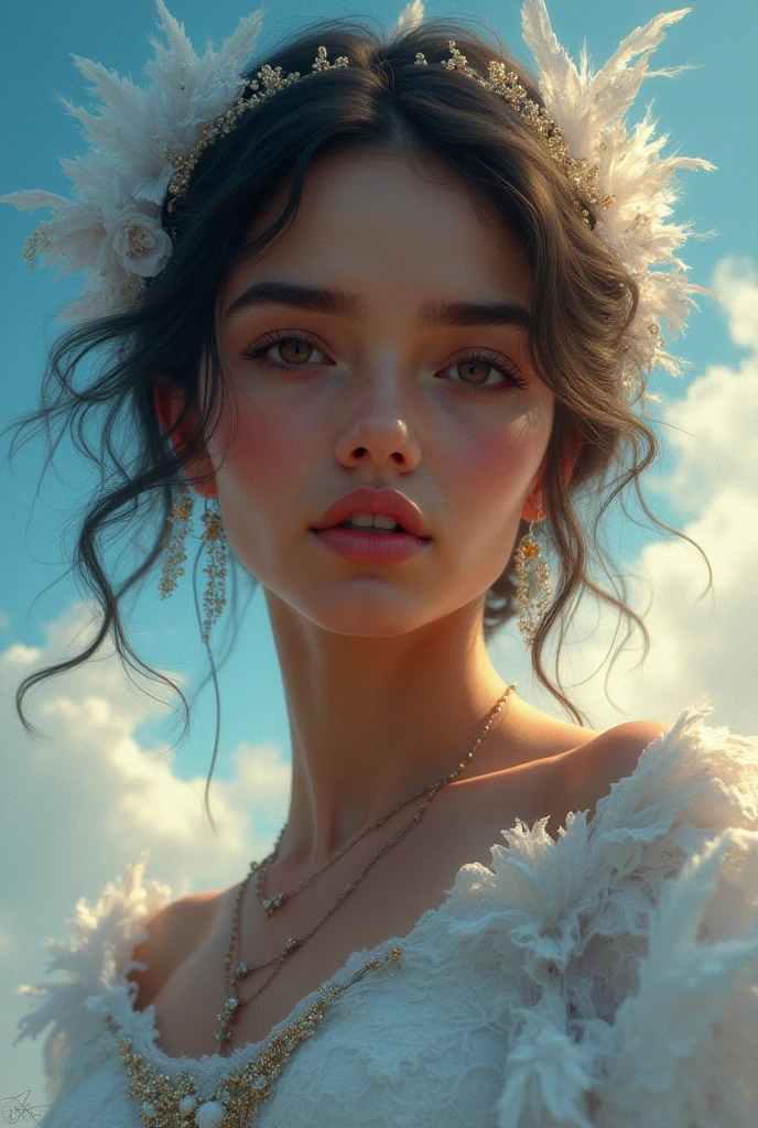 portrait Ariana Grande, wearing breasts angel costume, against the background of clouds, character portrait, 3 9 9 0 s, short hair, intricate, elegant, highly detailed, digital painting, artstation, concept art, smooth, sharp focus, illustration, art by wlop, charlie bowater and alexandra fomina, 36k